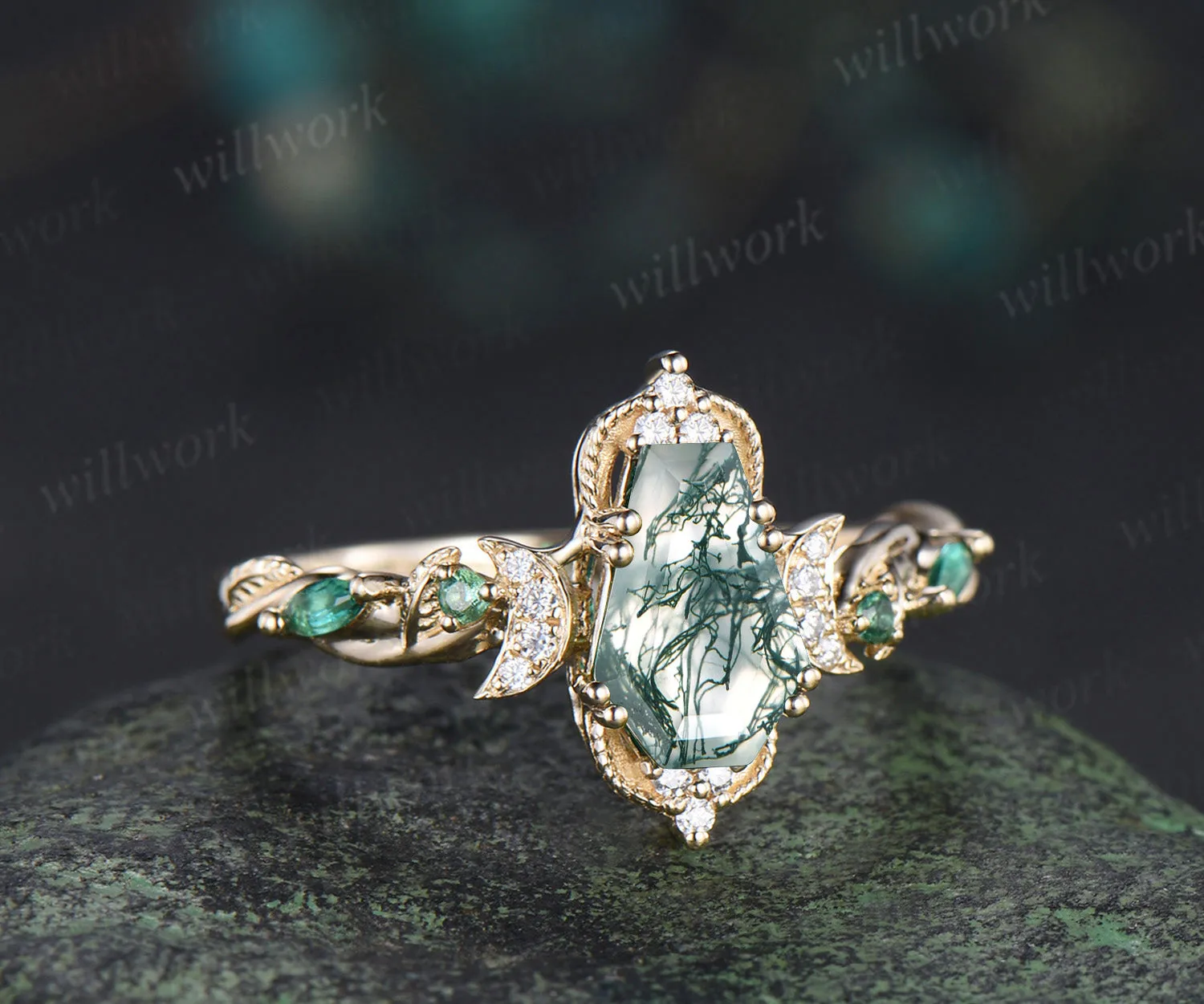 Coffin cut moss agate engagement ring 18k yellow gold Milgrain leaf twisted moon diamond emerald wedding ring women sold by Willwork Jewelry product image thumbnail 2