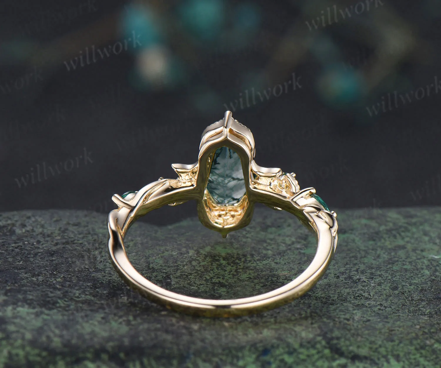 Coffin cut moss agate engagement ring 18k yellow gold Milgrain leaf twisted moon diamond emerald wedding ring women sold by Willwork Jewelry product image thumbnail 4