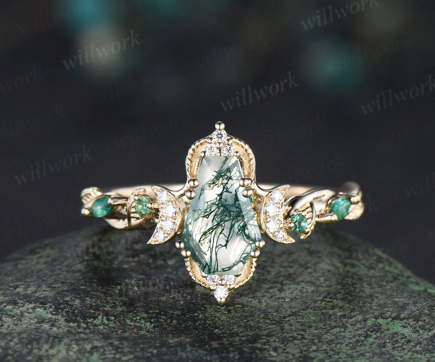 Coffin cut moss agate engagement ring 18k yellow gold Milgrain leaf twisted moon diamond emerald wedding ring women sold by Willwork Jewelry