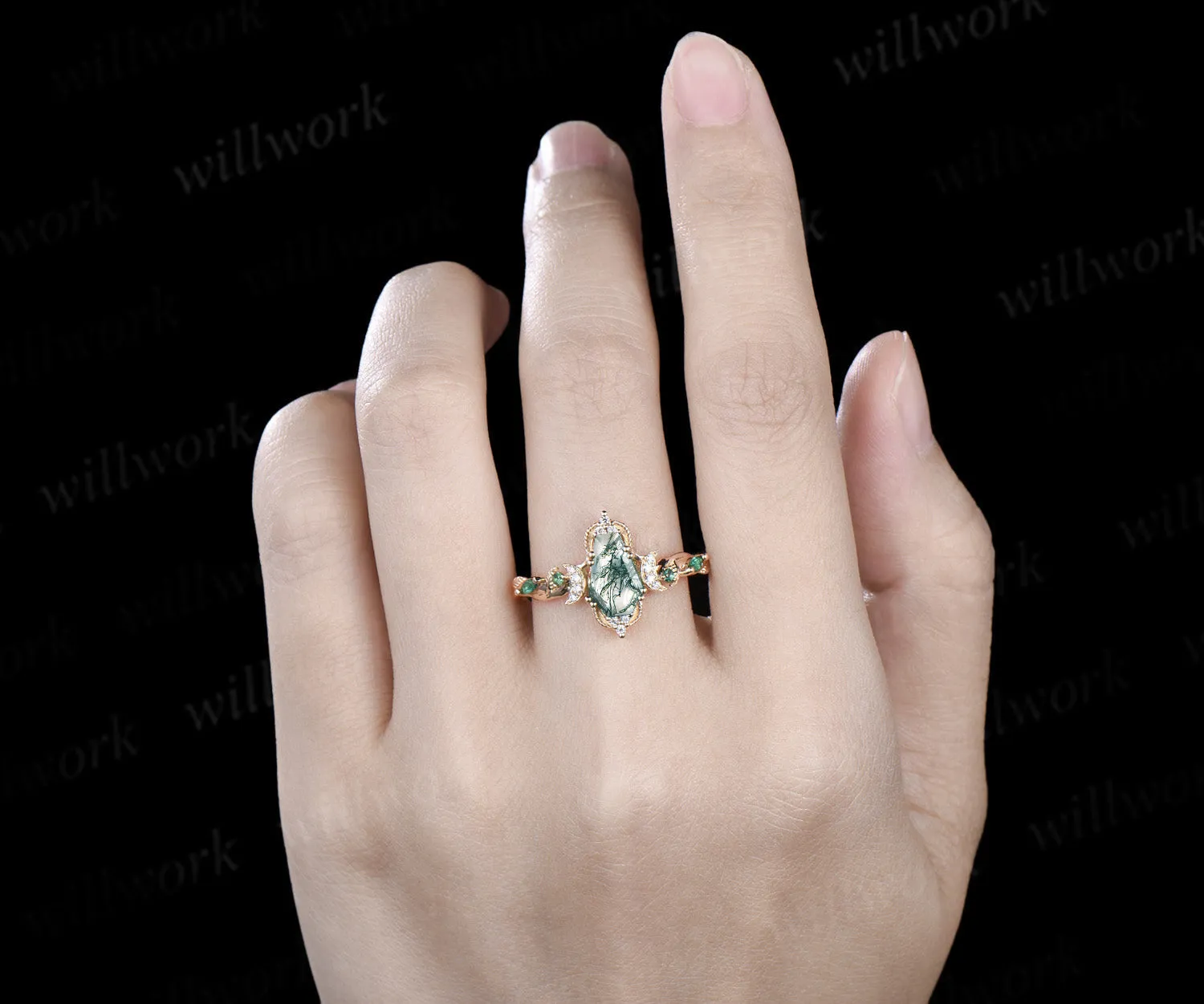 Coffin cut moss agate engagement ring 18k yellow gold Milgrain leaf twisted moon diamond emerald wedding ring women sold by Willwork Jewelry product image thumbnail 3