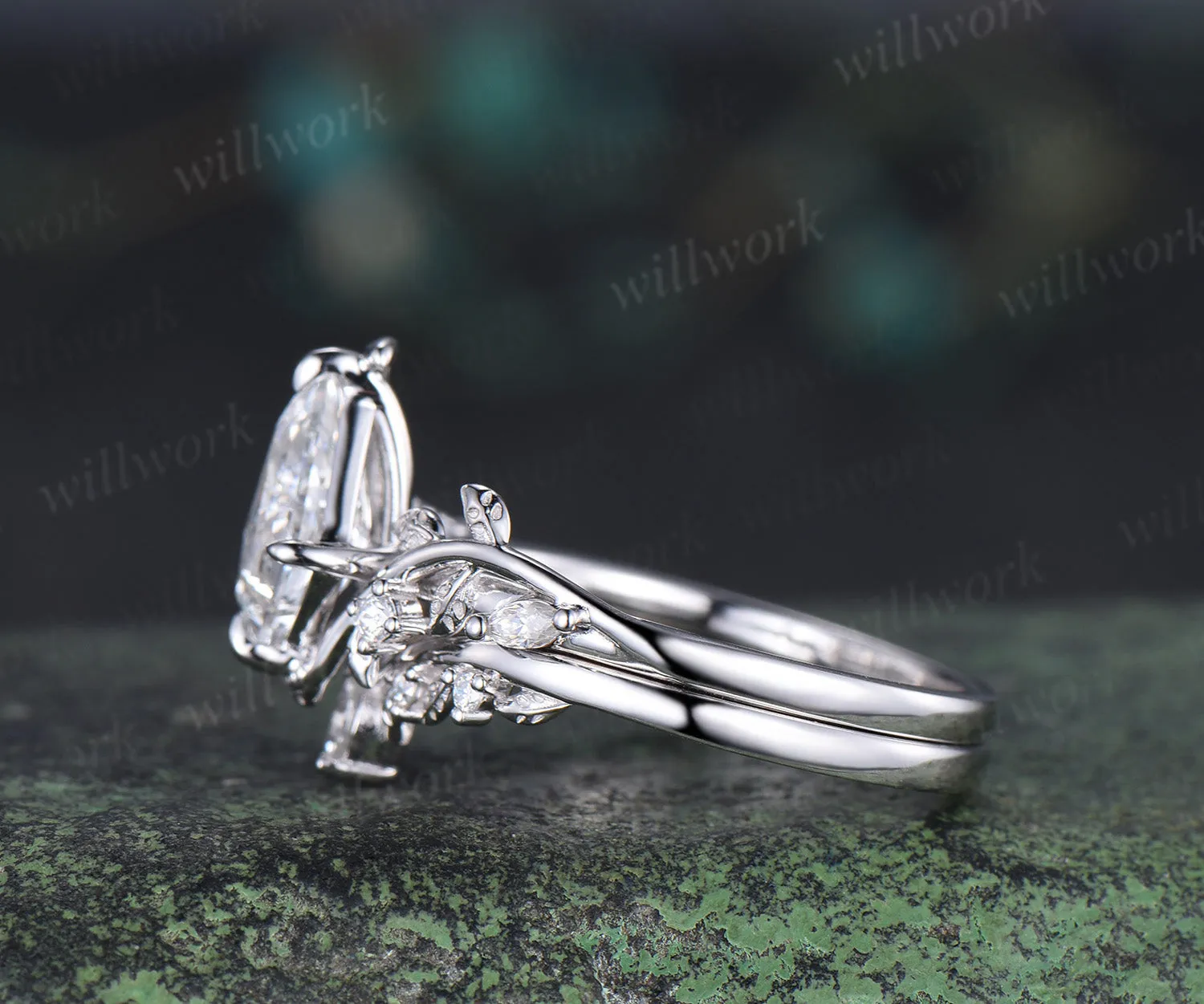 Kite cut IGI lab grown diamond leaf engagement ring set solid 14k 18k white gold nature inspired promise ring women sold by Willwork Jewelry product image thumbnail 4