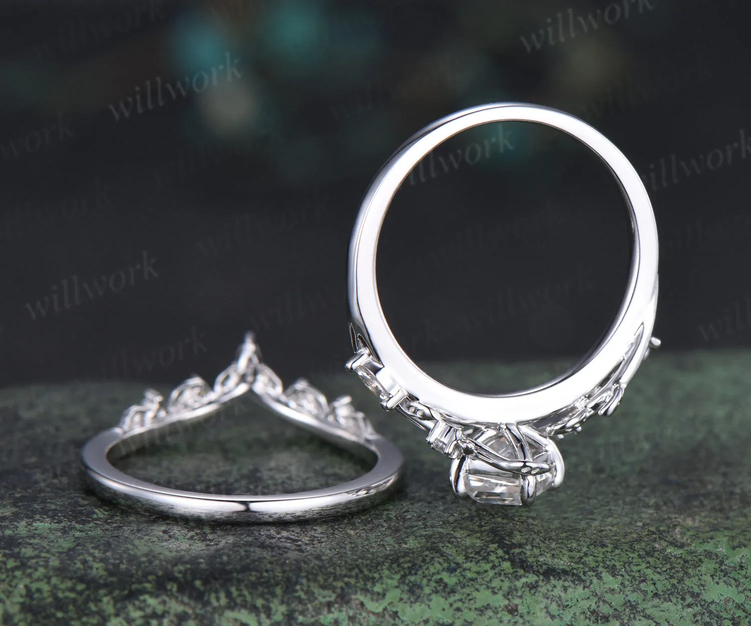 Kite cut IGI lab grown diamond leaf engagement ring set solid 14k 18k white gold nature inspired promise ring women sold by Willwork Jewelry product image thumbnail 5