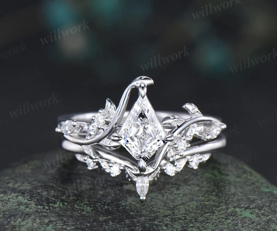Kite cut IGI lab grown diamond leaf engagement ring set solid 14k 18k white gold nature inspired promise ring women sold by Willwork Jewelry