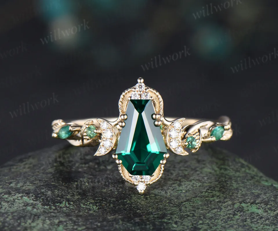 Coffin cut green emerald engagement ring 18k yellow gold Milgrain leaf twisted moon diamond wedding ring women gift sold by Willwork Jewelry