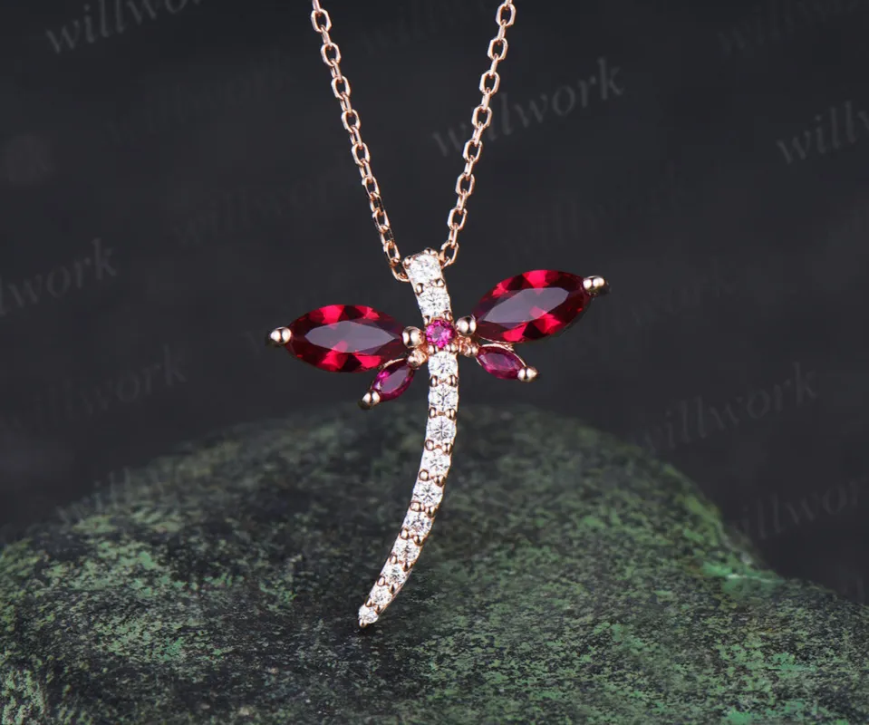 Marquise cut red ruby double dragonfly necklace rose gold diamond unique Elegant pendant proposal gift made by Willwork Jewelry