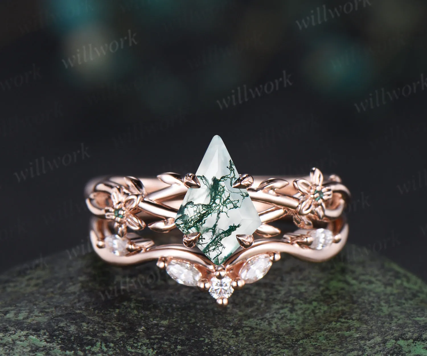 Kite cut natural moss agate ring floral infinity leaf engagement ring set nature inspired rose gold emerald bridal set women sold by Willwork Jewelry