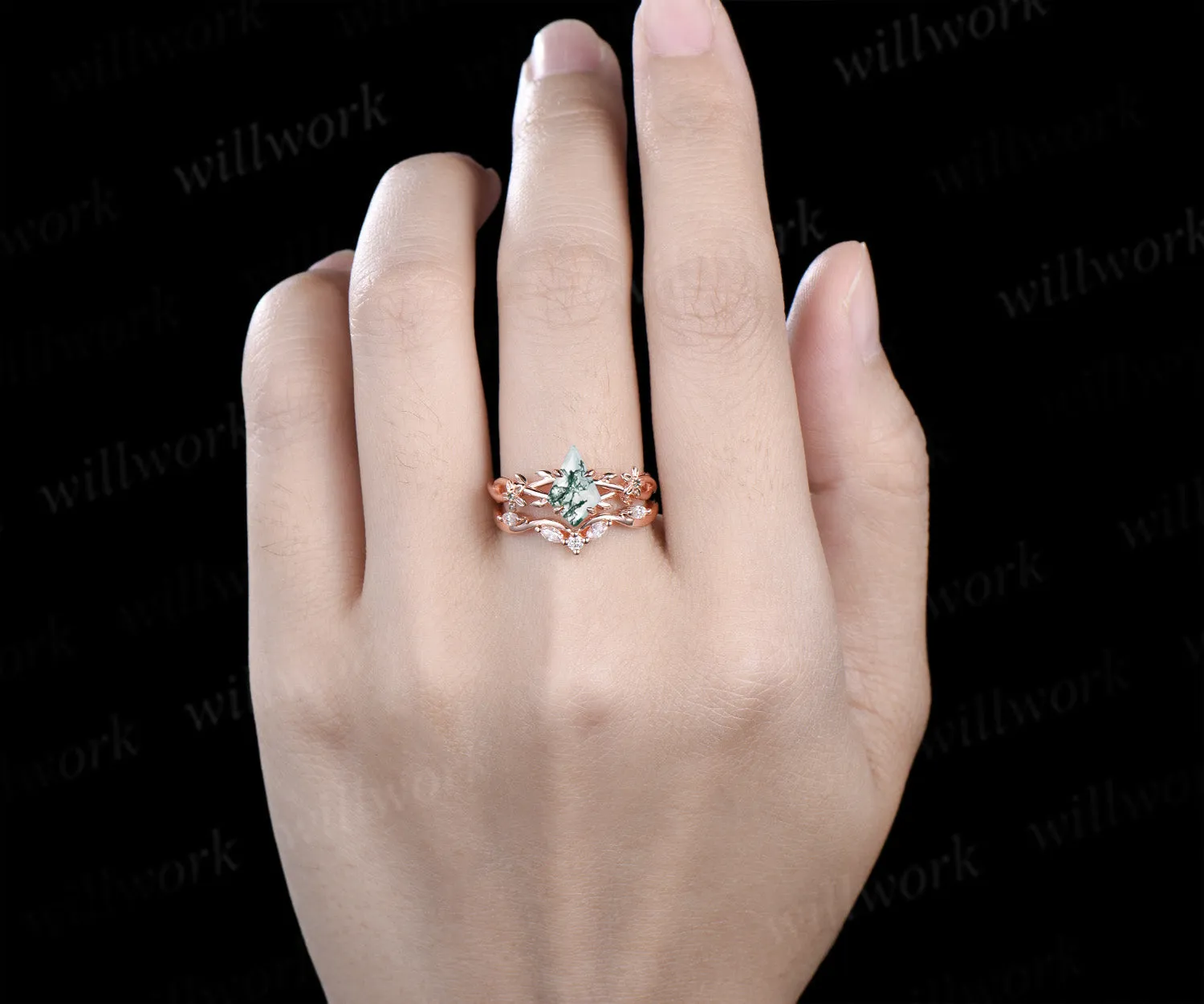 Kite cut natural moss agate ring floral infinity leaf engagement ring set nature inspired rose gold emerald bridal set women sold by Willwork Jewelry product image thumbnail 4