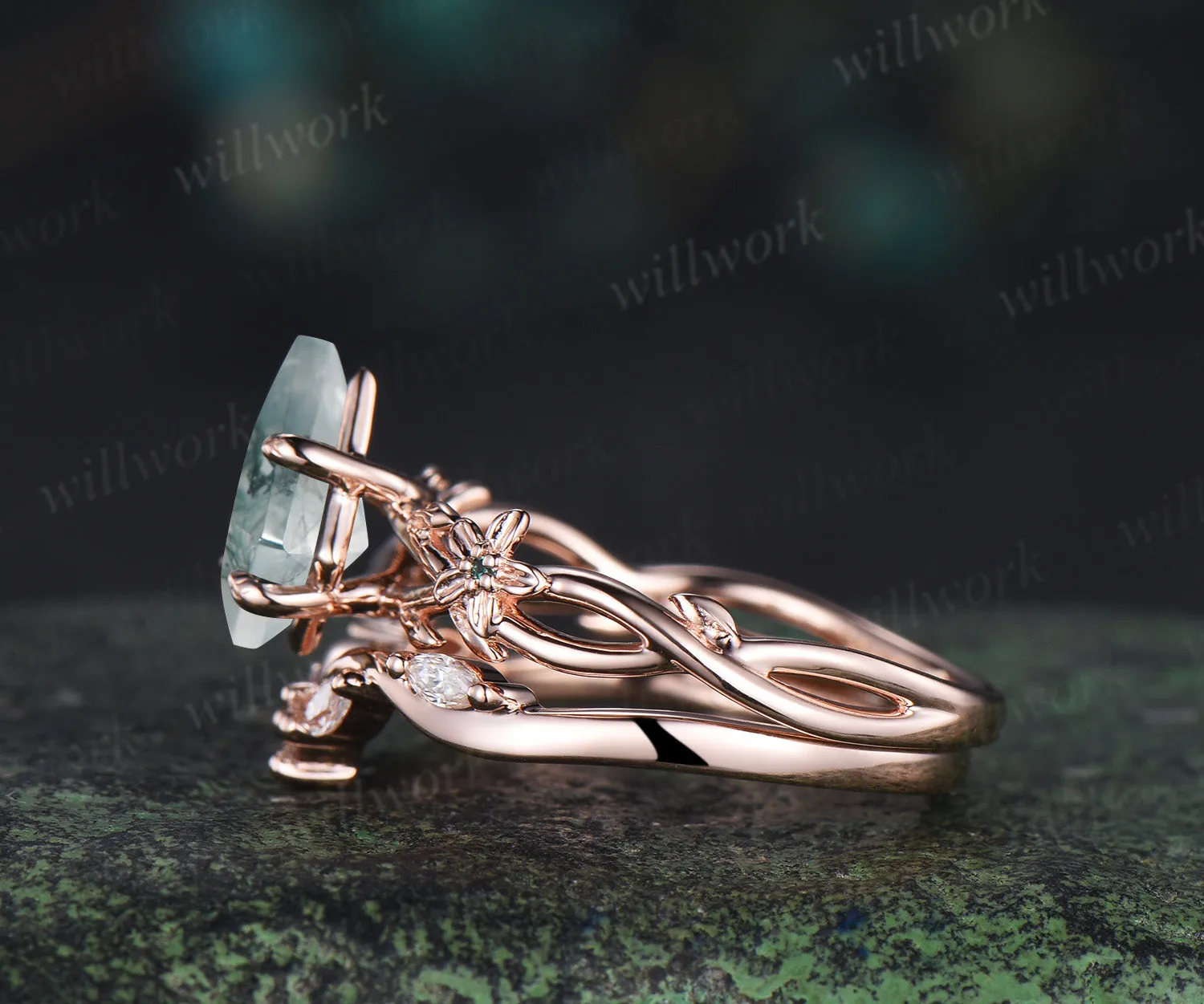 Kite cut natural moss agate ring floral infinity leaf engagement ring set nature inspired rose gold emerald bridal set women sold by Willwork Jewelry product image thumbnail 5