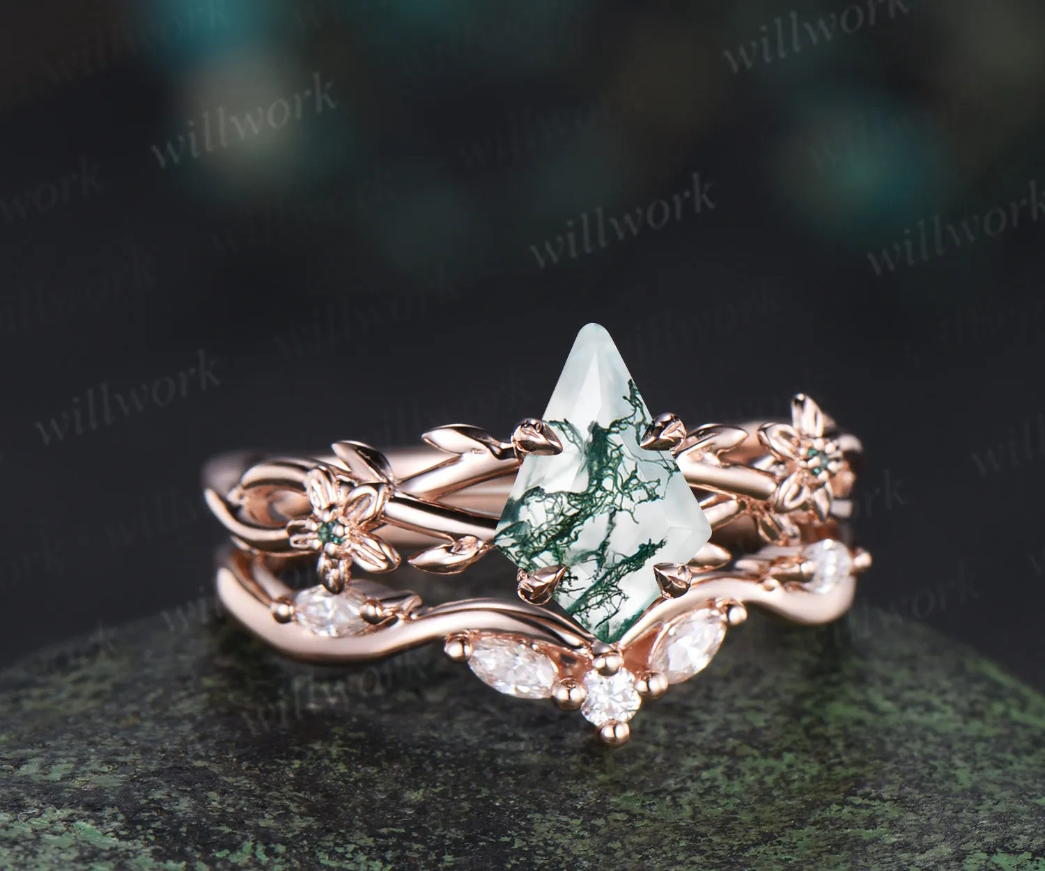Kite cut natural moss agate ring floral infinity leaf engagement ring set nature inspired rose gold emerald bridal set women sold by Willwork Jewelry product image thumbnail 3