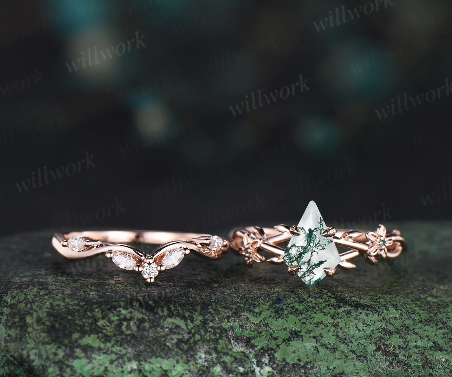 Kite cut natural moss agate ring floral infinity leaf engagement ring set nature inspired rose gold emerald bridal set women sold by Willwork Jewelry product image thumbnail 2