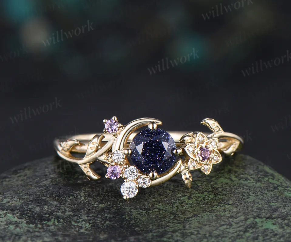 Round Galaxy Blue Sandstone ring cluster moon floral leaf Engagement Ring yellow gold amethyst wedding ring women sold by Willwork Jewelry