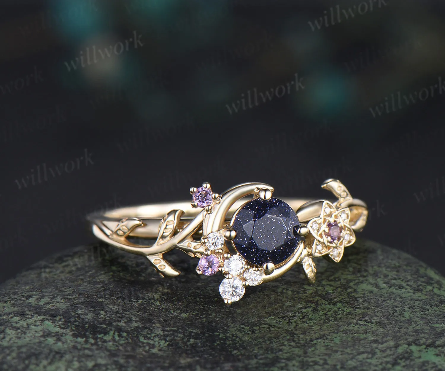Round Galaxy Blue Sandstone ring cluster moon floral leaf Engagement Ring yellow gold amethyst wedding ring women sold by Willwork Jewelry product image thumbnail 2
