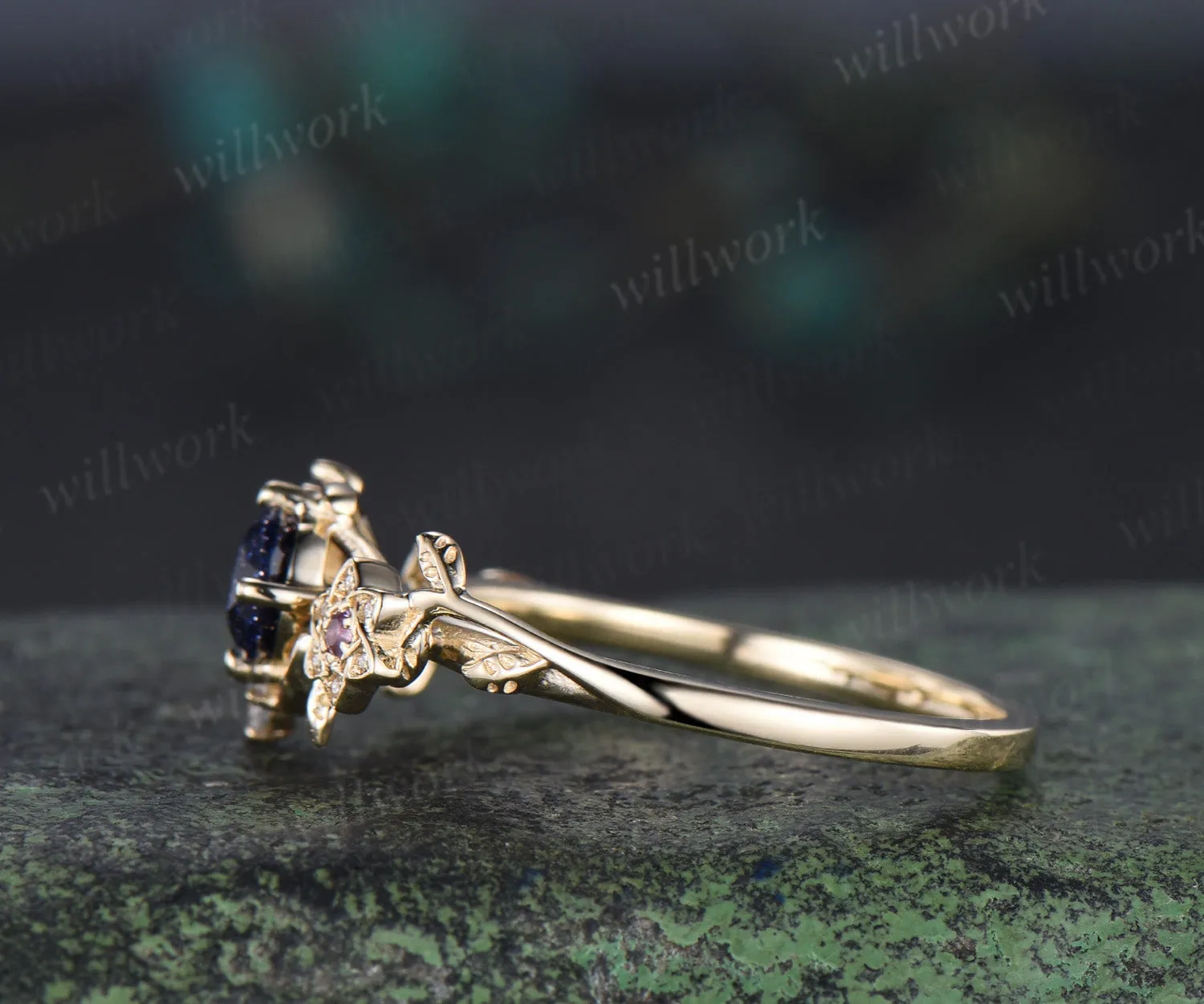 Round Galaxy Blue Sandstone ring cluster moon floral leaf Engagement Ring yellow gold amethyst wedding ring women sold by Willwork Jewelry product image thumbnail 4