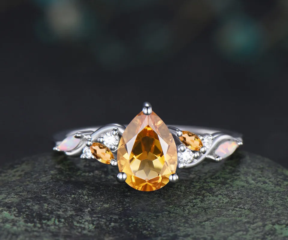 Pear cut yellow citrine engagement ring white gold infinity twisted opal anniversary ring gift sold by Willwork Jewelry
