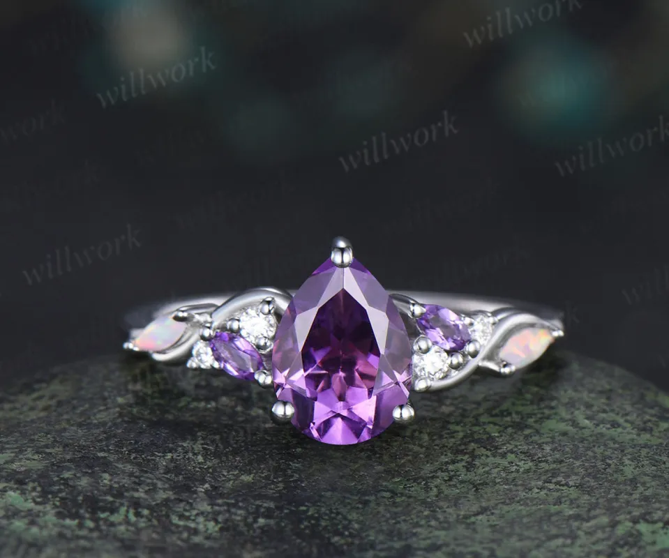 Pear cut purple amethyst engagement ring white gold infinity twisted opal anniversary ring gift sold by Willwork Jewelry