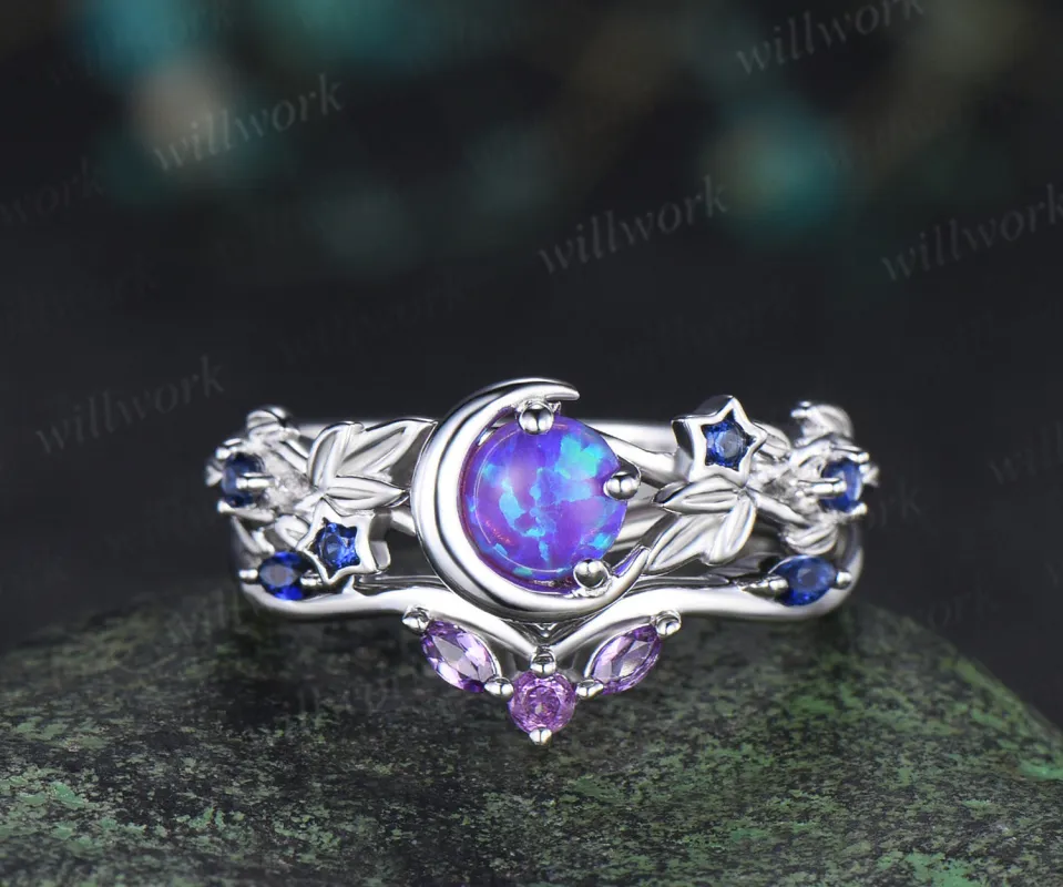 Unique round purple opal ring set blue sapphire moon star ring curved amethyst wedding band bridal set jewelry gifts for her sold by Willwork Jewelry