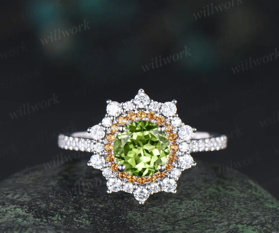 1ct round cut peridot ring double halo citrine unique Engagement Ring 18k white gold wedding ring women sold by Willwork Jewelry