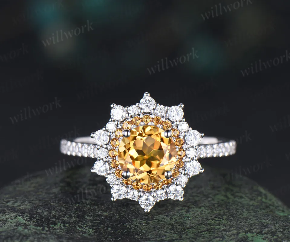 1ct round cut yellow citrine ring double halo unique Engagement Ring 18k white gold promise ring women sold by Willwork Jewelry