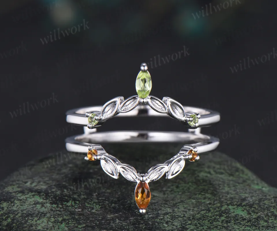 Marquise peridot citrine leaf wedding band double layerd band enhancer wrap white gold curved matching stackable ring sold by Willwork Jewelry