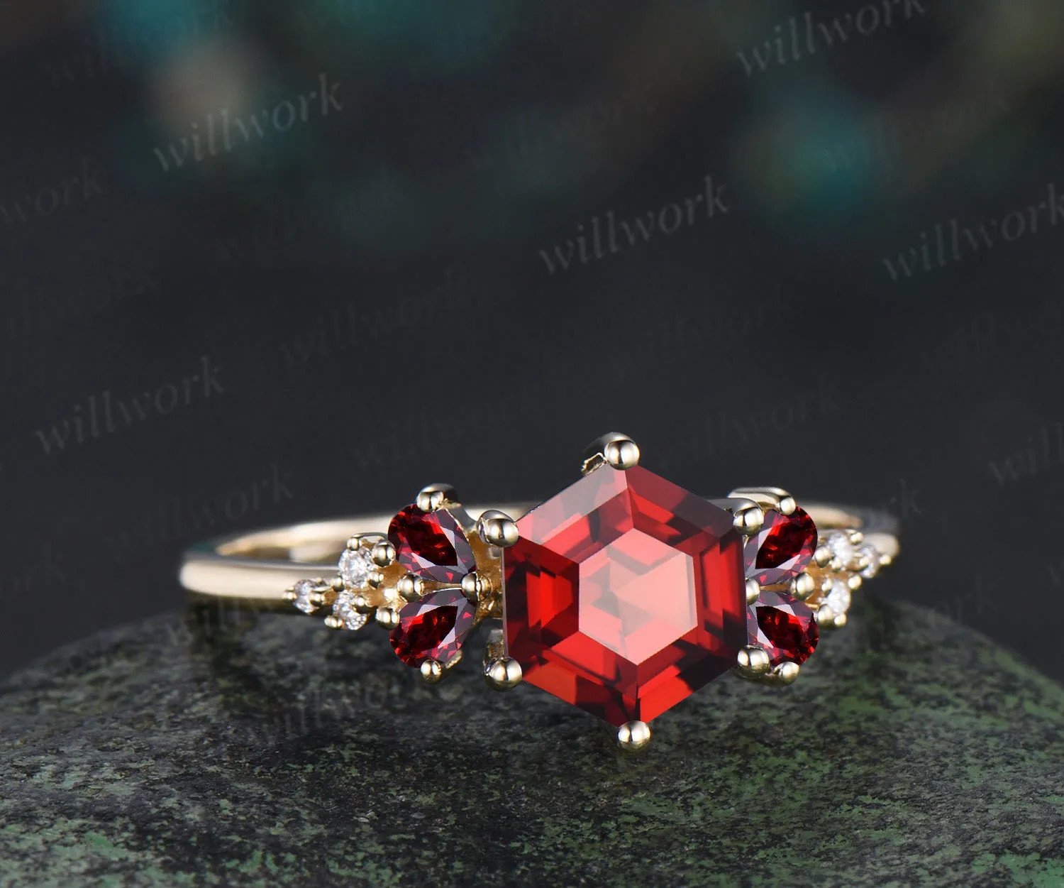 Hexagon shape garnet engagement ring pear red garnet moissanite clusters ring January birthstone jewelry gifts for her sold by Willwork Jewelry product image thumbnail 3