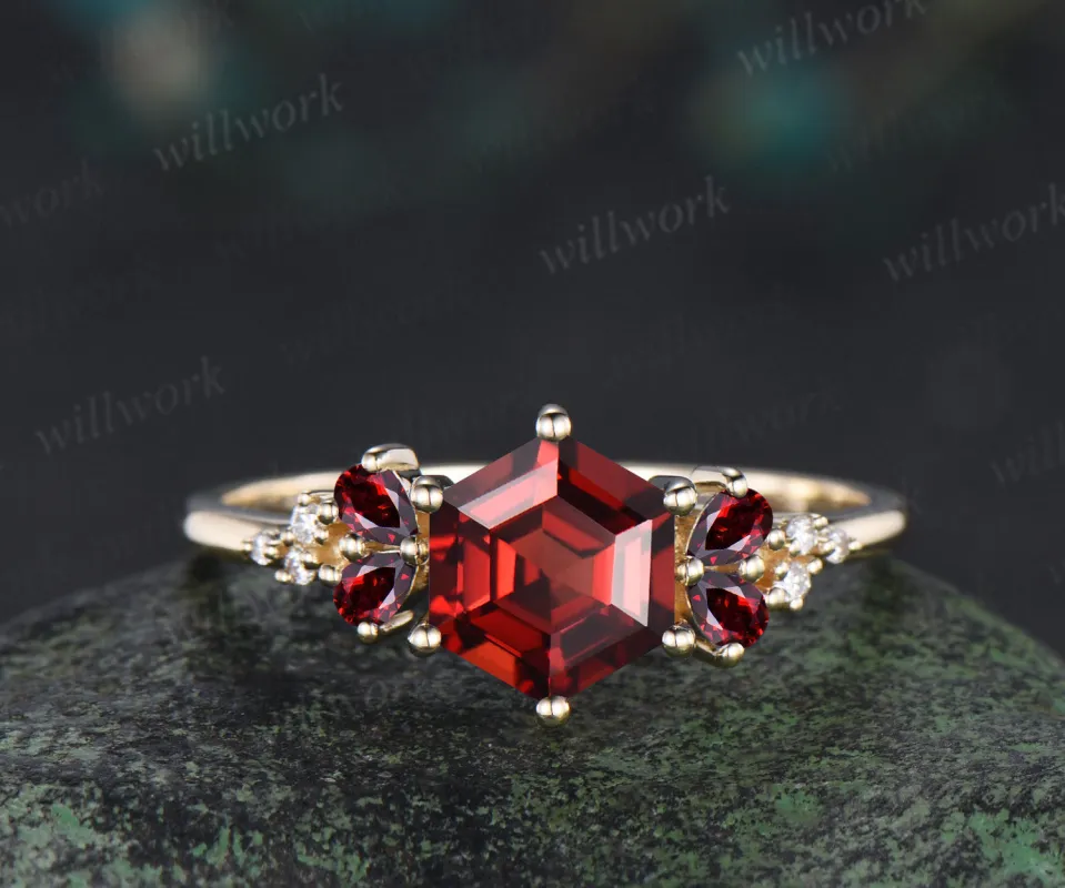 Hexagon shape garnet engagement ring pear red garnet moissanite clusters ring January birthstone jewelry gifts for her sold by Willwork Jewelry