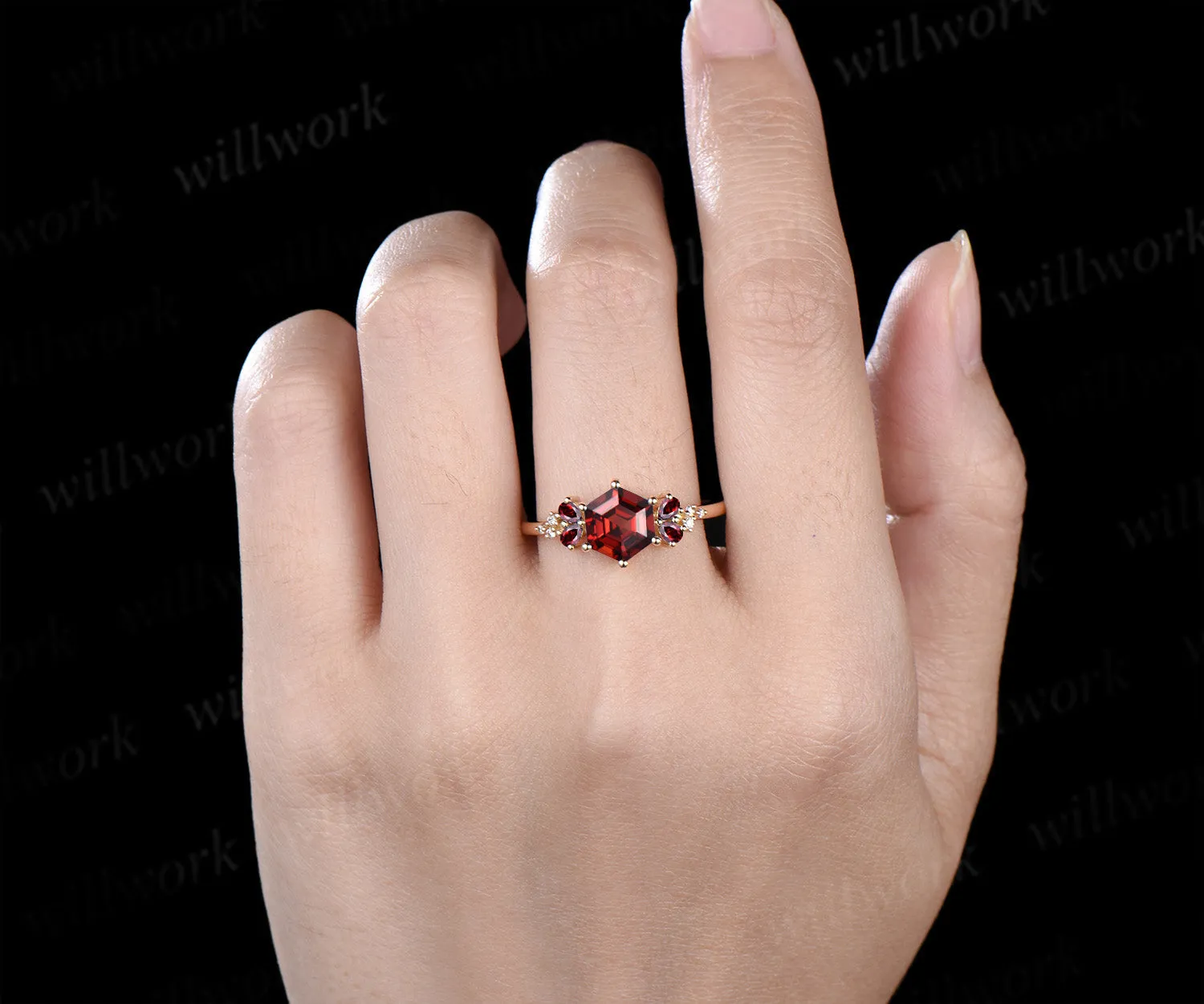 Hexagon shape garnet engagement ring pear red garnet moissanite clusters ring January birthstone jewelry gifts for her sold by Willwork Jewelry product image thumbnail 2