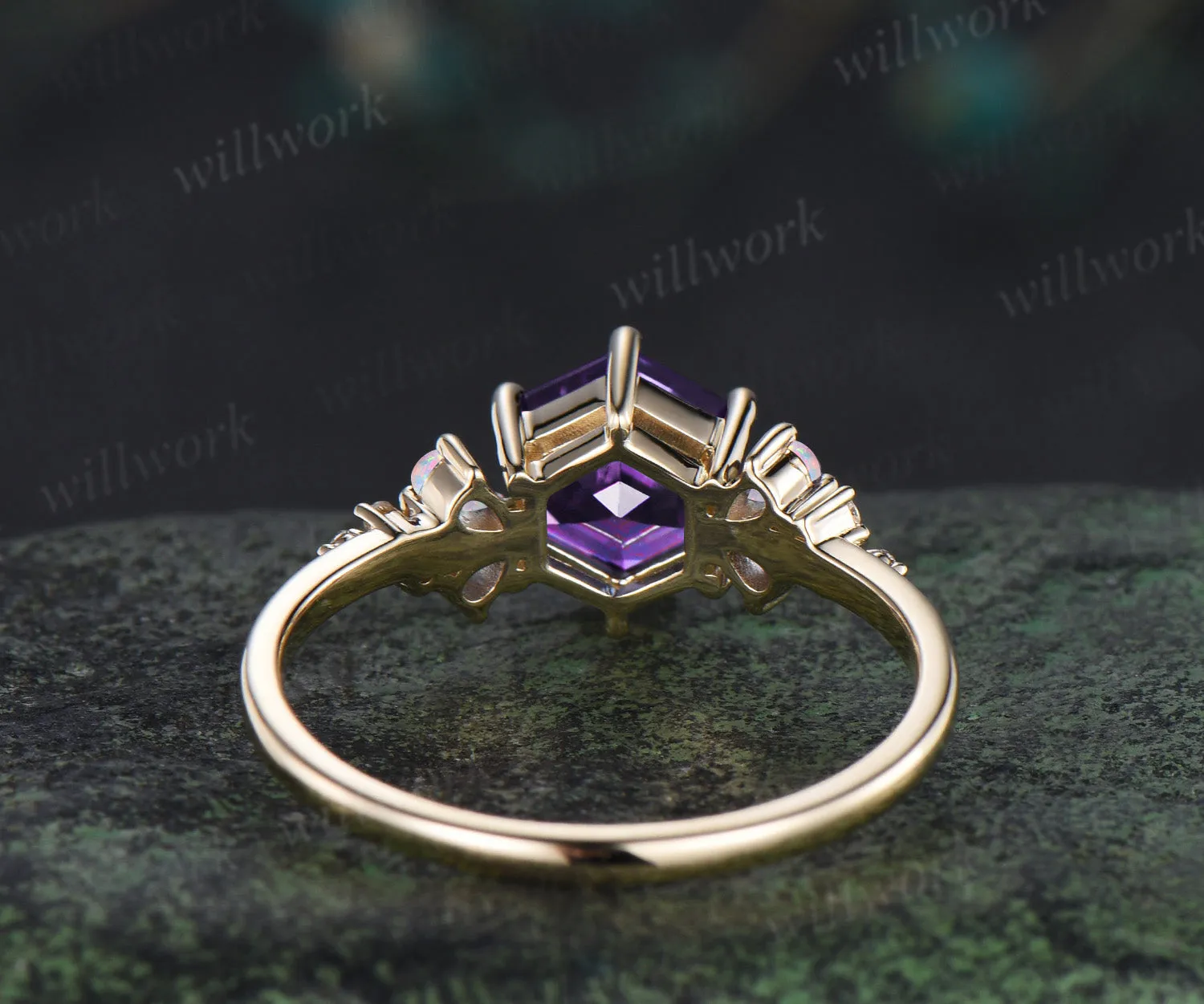Vintage hexagon amethyst ring teardrop shape opals moissanite cluster bridal ring February birthstone jewelry gifts for women sold by Willwork Jewelry product image thumbnail 5