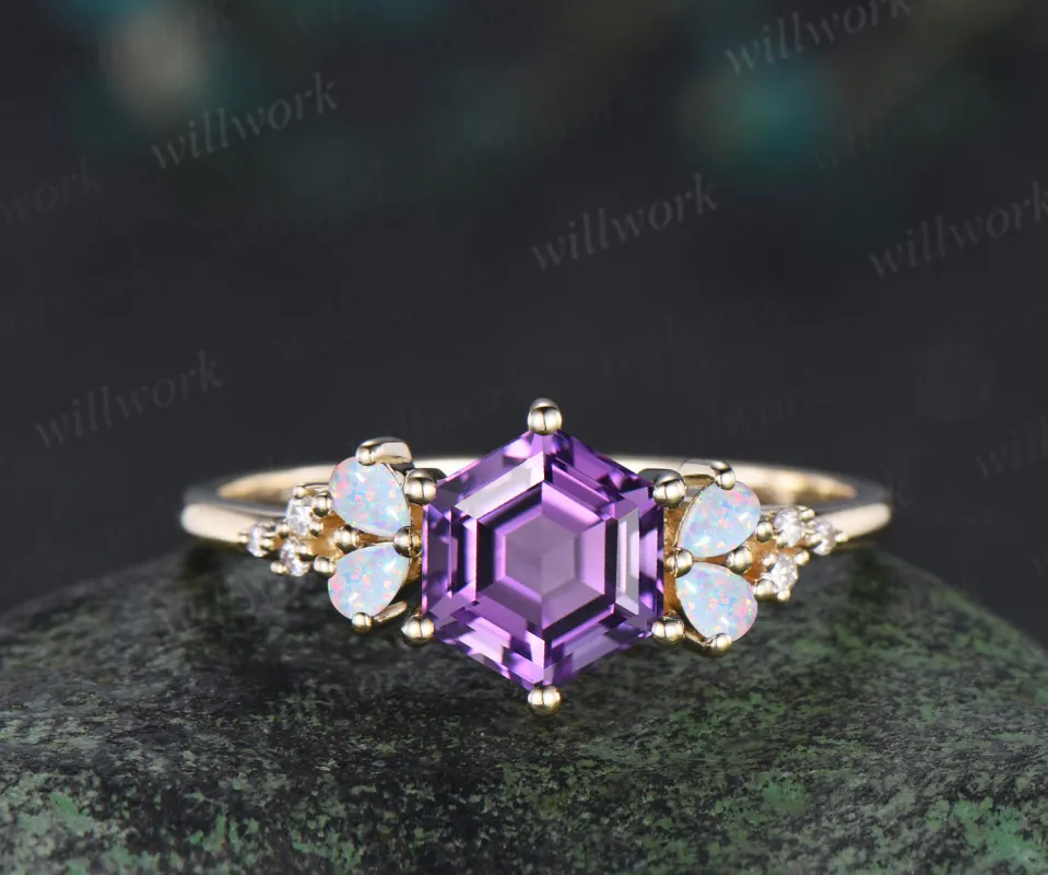 Vintage hexagon amethyst ring teardrop shape opals moissanite cluster bridal ring February birthstone jewelry gifts for women sold by Willwork Jewelry