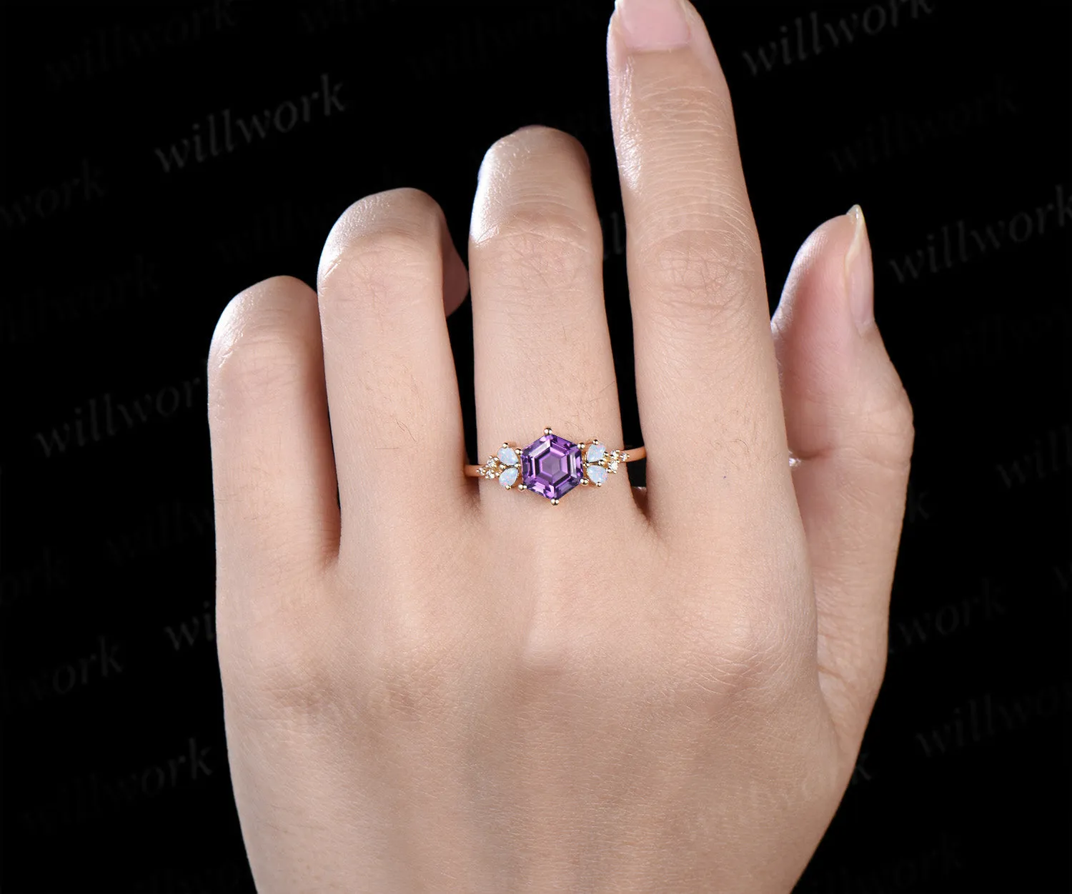 Vintage hexagon amethyst ring teardrop shape opals moissanite cluster bridal ring February birthstone jewelry gifts for women sold by Willwork Jewelry product image thumbnail 2