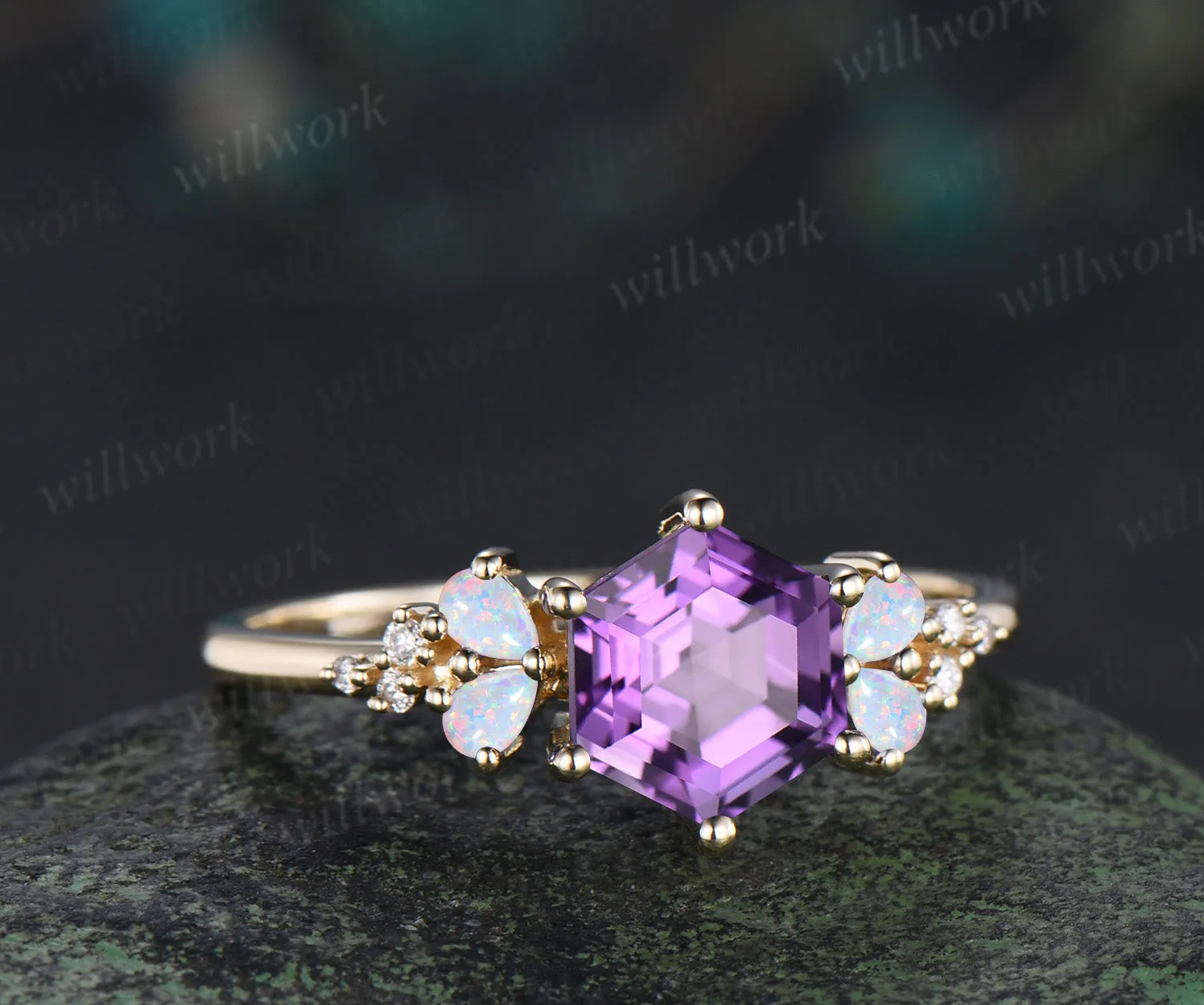 Vintage hexagon amethyst ring teardrop shape opals moissanite cluster bridal ring February birthstone jewelry gifts for women sold by Willwork Jewelry product image thumbnail 3