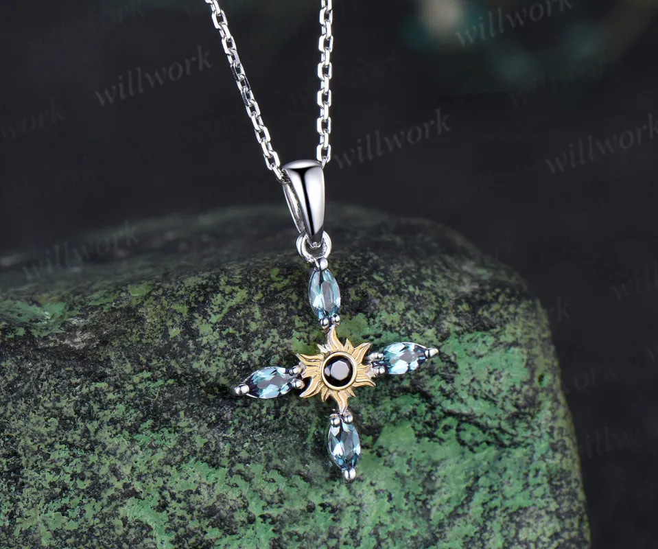 Dainty cross black onyx pendant necklace marquise alexandrite deco floral sun cross necklace sterling silver white gold charm sold by Willwork Jewelry