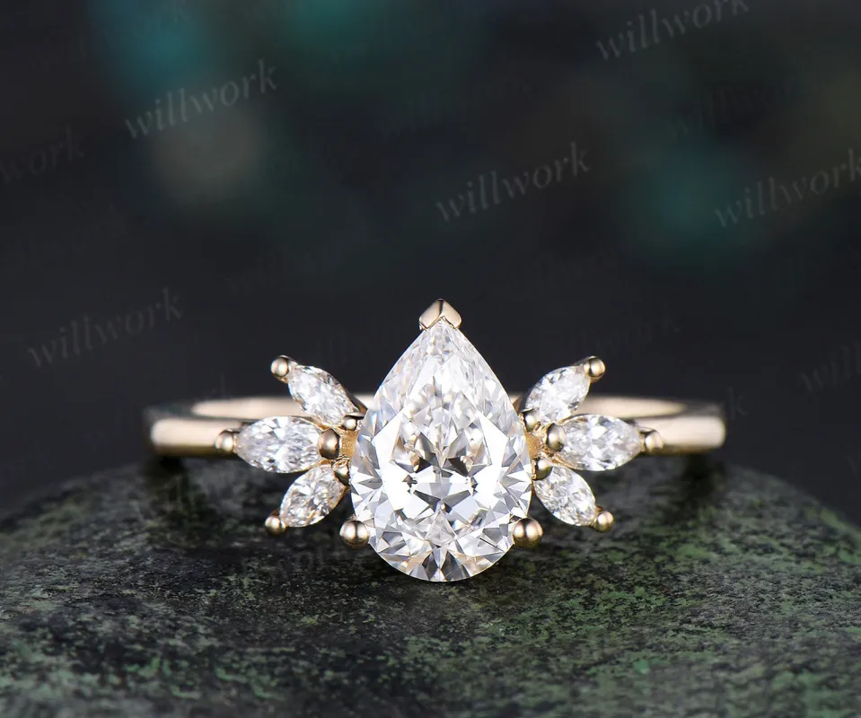 Teardrop pear cut IGI Lab grown diamond engagement ring solid 18k yellow gold cluster wedding promise ring women sold by Willwork Jewelry