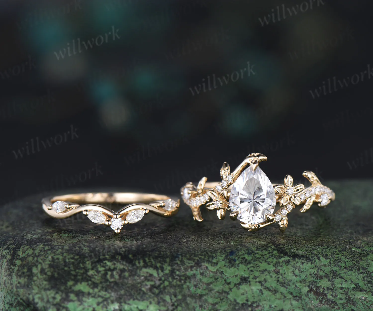 Pear cut moissanite engagement ring set vintage floral diamond ring women 14k yellow gold branch leaf bridal ring set sold by Willwork Jewelry product image thumbnail 2