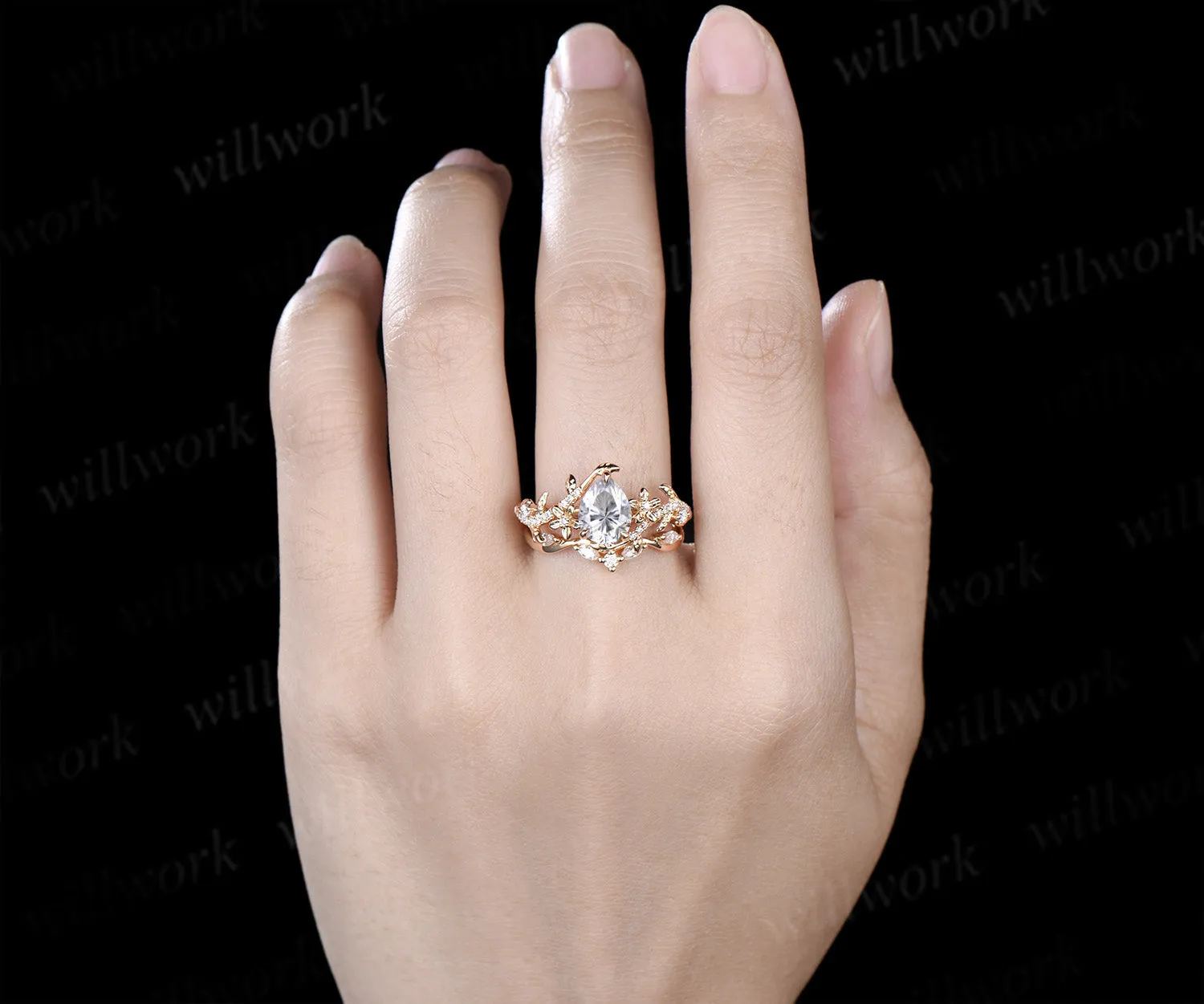 Pear cut moissanite engagement ring set vintage floral diamond ring women 14k yellow gold branch leaf bridal ring set sold by Willwork Jewelry product image thumbnail 3