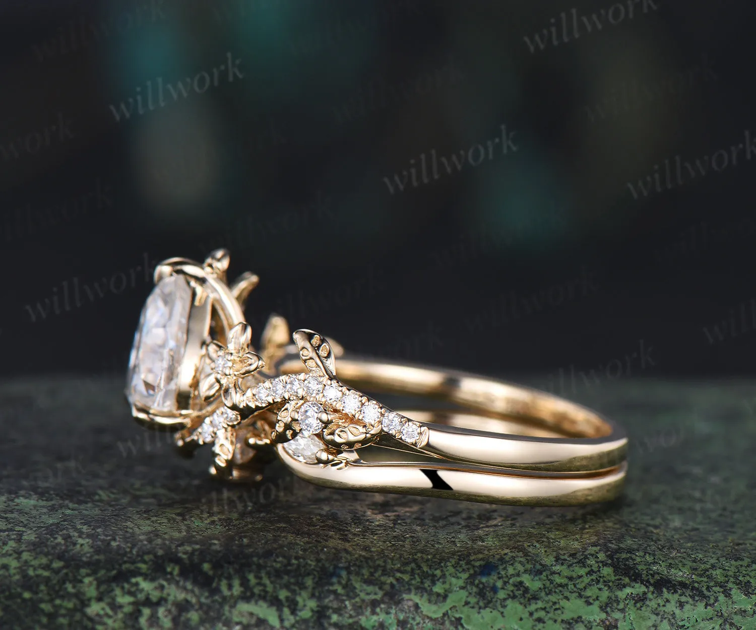 Pear cut moissanite engagement ring set vintage floral diamond ring women 14k yellow gold branch leaf bridal ring set sold by Willwork Jewelry product image thumbnail 4