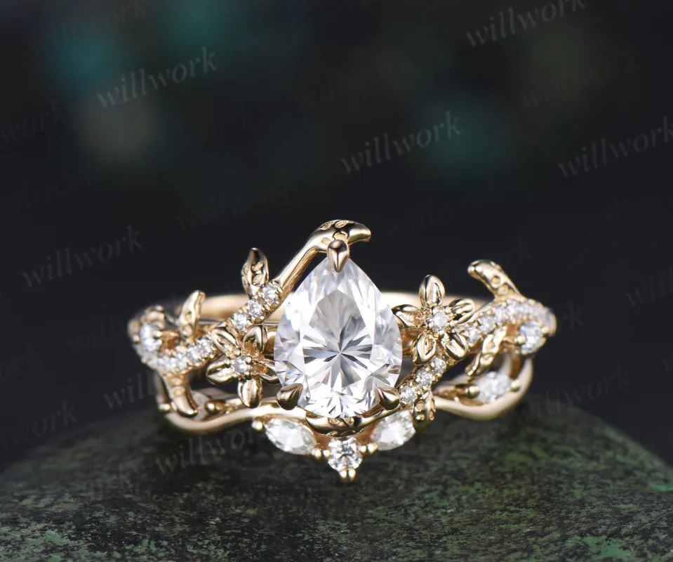 Pear cut moissanite engagement ring set vintage floral diamond ring women 14k yellow gold branch leaf bridal ring set sold by Willwork Jewelry