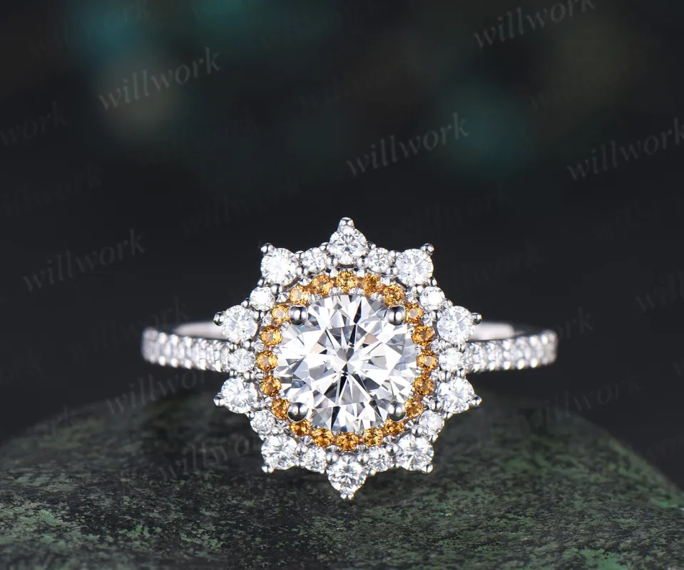 1ct round cut moissanite ring double halo citrine unique Engagement Ring 18k white gold promise ring women sold by Willwork Jewelry