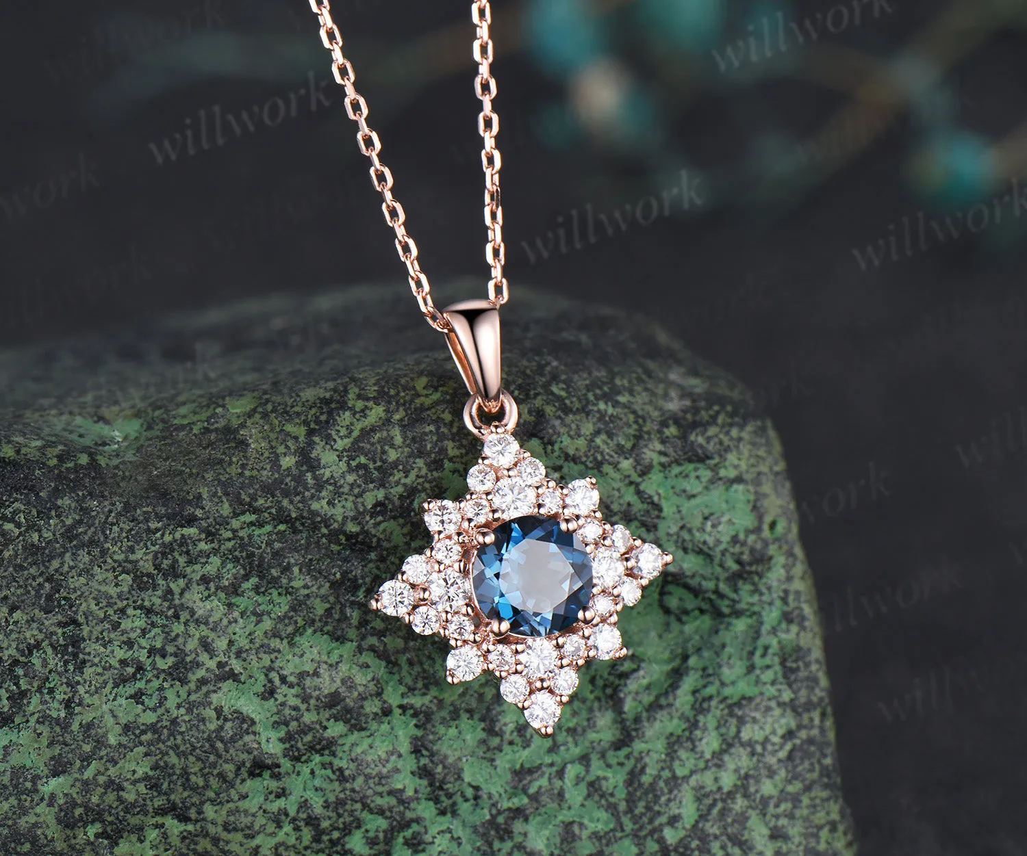 Dainty Round Cut Natural London Blue Topaz Necklace 14k Rose Gold Moissanite Halo Cluster Pendant Minimalist December Birthstone Necklace sold by Willwork Jewelry product image thumbnail 2
