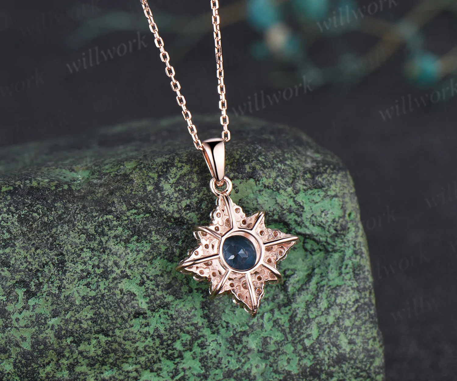 Dainty Round Cut Natural London Blue Topaz Necklace 14k Rose Gold Moissanite Halo Cluster Pendant Minimalist December Birthstone Necklace sold by Willwork Jewelry product image thumbnail 5