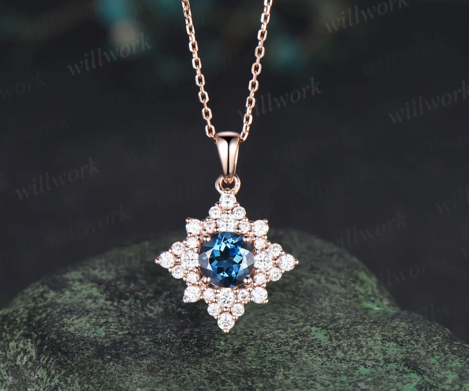 Dainty Round Cut Natural London Blue Topaz Necklace 14k Rose Gold Moissanite Halo Cluster Pendant Minimalist December Birthstone Necklace sold by Willwork Jewelry
