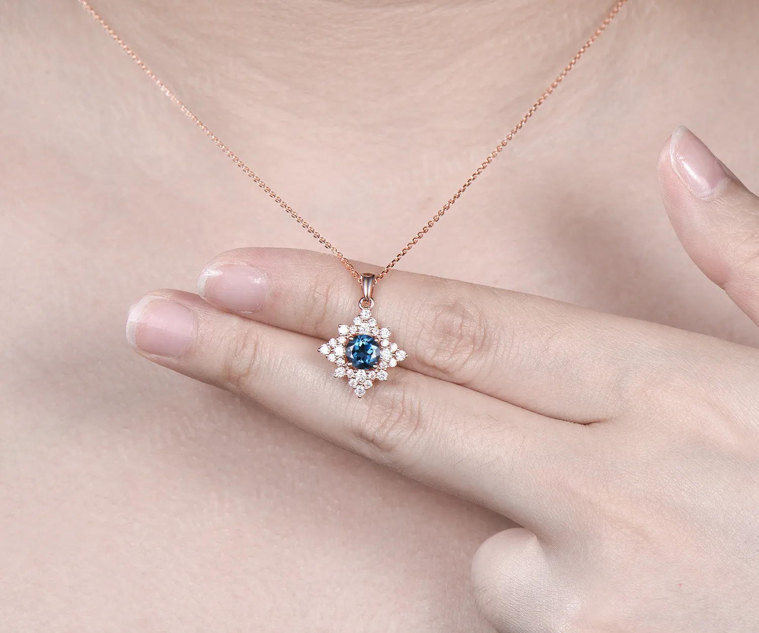 Dainty Round Cut Natural London Blue Topaz Necklace 14k Rose Gold Moissanite Halo Cluster Pendant Minimalist December Birthstone Necklace sold by Willwork Jewelry product image thumbnail 4