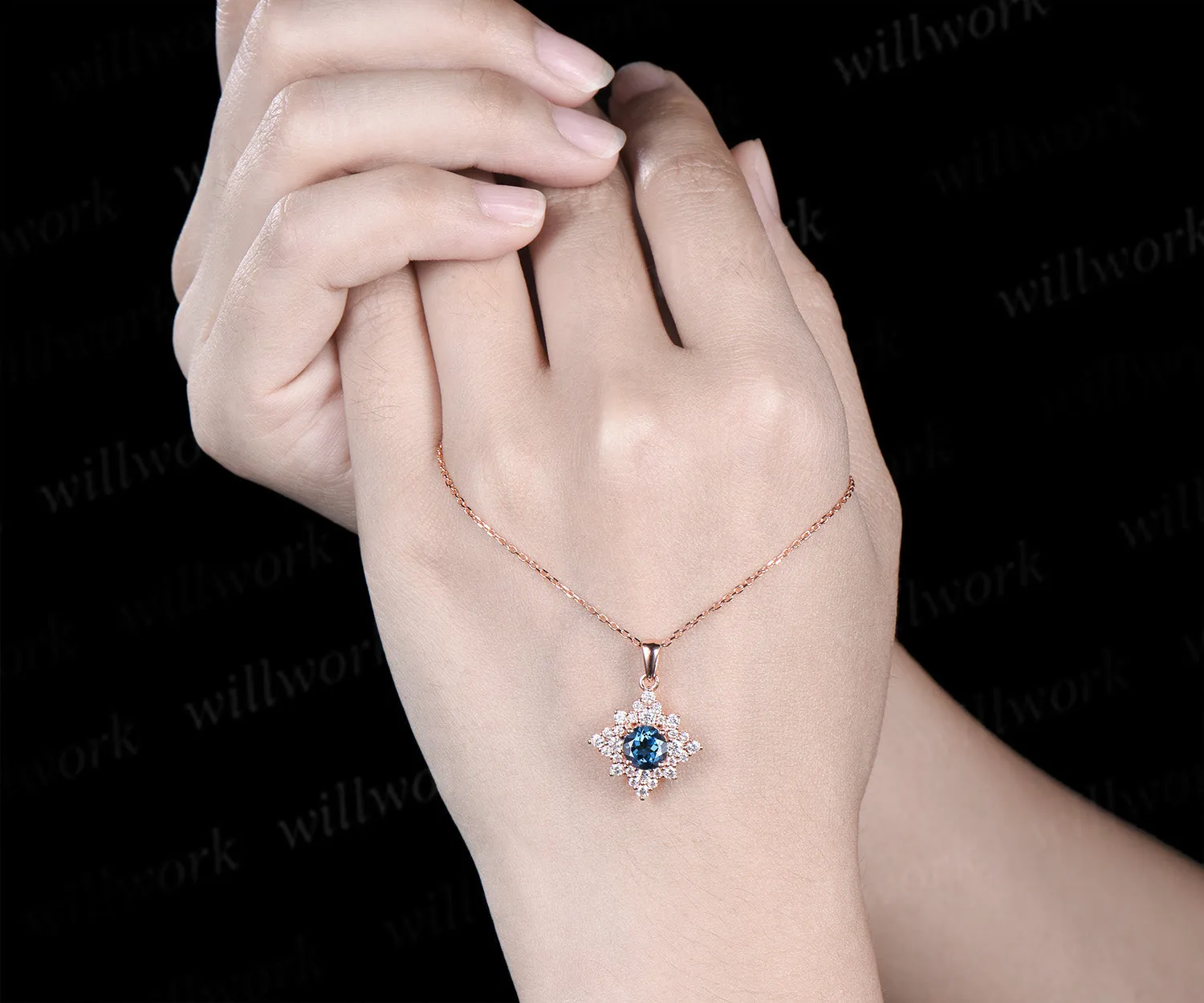 Dainty Round Cut Natural London Blue Topaz Necklace 14k Rose Gold Moissanite Halo Cluster Pendant Minimalist December Birthstone Necklace sold by Willwork Jewelry product image thumbnail 3