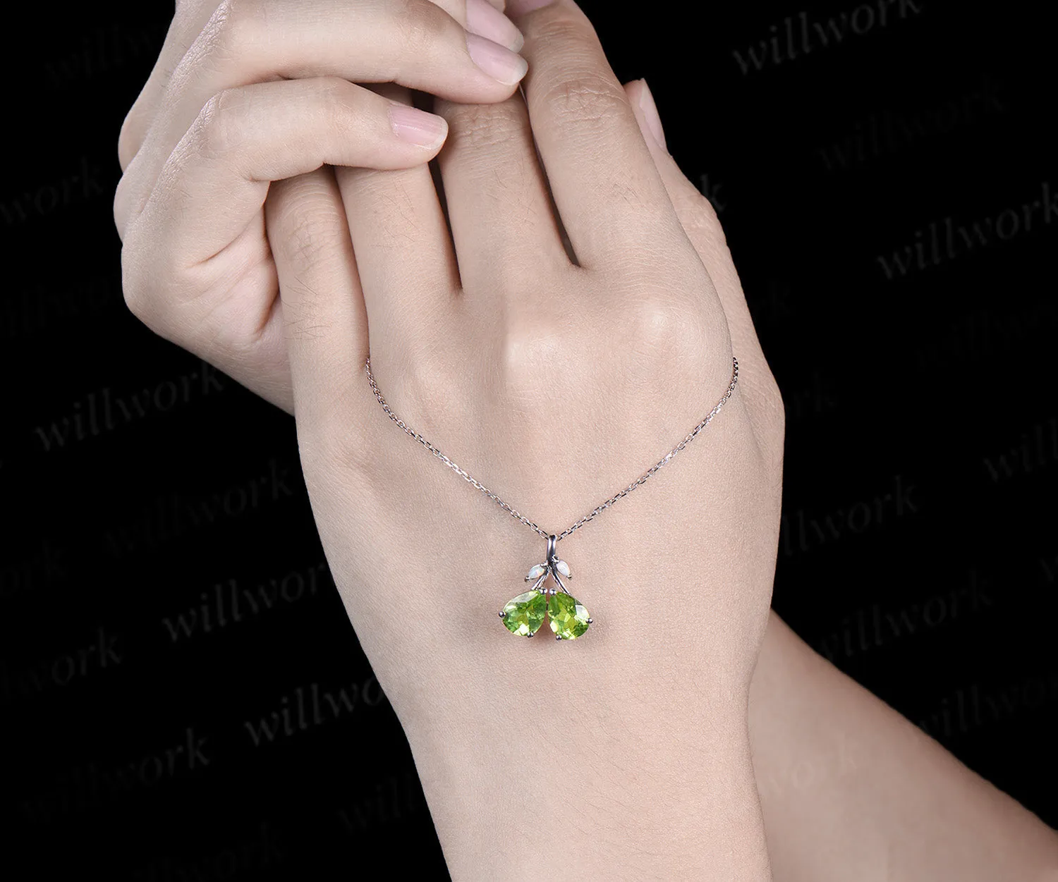 Pear Teardrop Cut Natural peridot Pendant Necklace Opal Leaf Twig Branch Couple August Birthstone Gift sold by Willwork Jewelry product image thumbnail 2