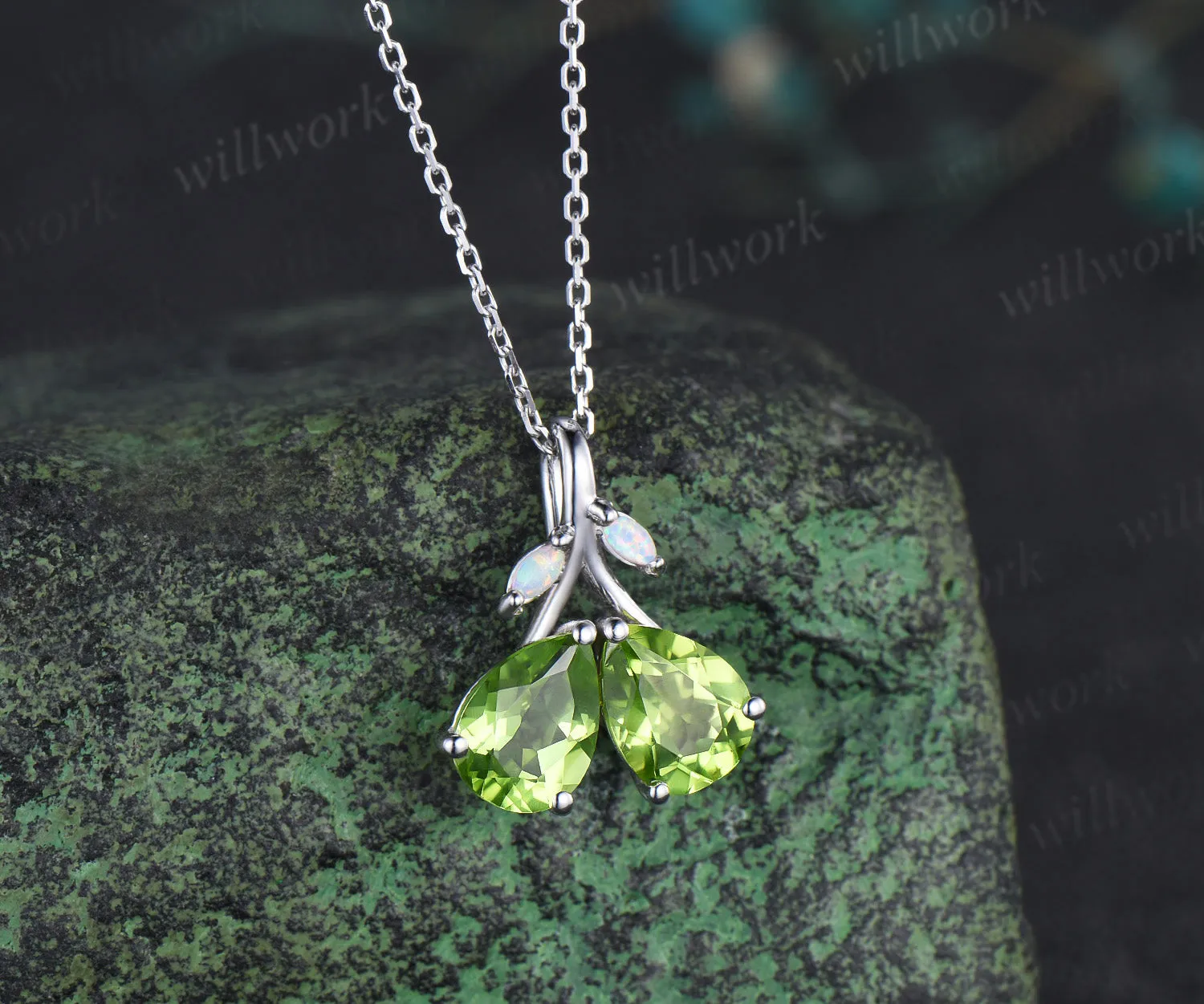 Pear Teardrop Cut Natural peridot Pendant Necklace Opal Leaf Twig Branch Couple August Birthstone Gift sold by Willwork Jewelry product image thumbnail 3