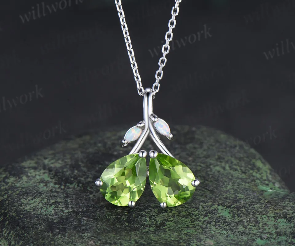 Pear Teardrop Cut Natural peridot Pendant Necklace Opal Leaf Twig Branch Couple August Birthstone Gift sold by Willwork Jewelry