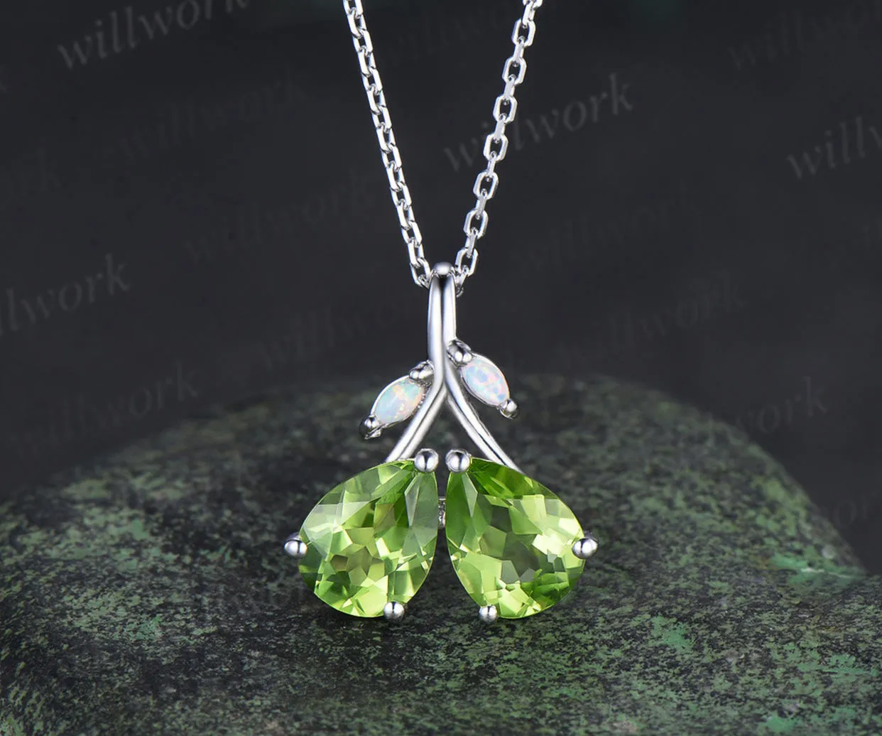 Pear Teardrop Cut Natural peridot Pendant Necklace Opal Leaf Twig Branch Couple August Birthstone Gift sold by Willwork Jewelry