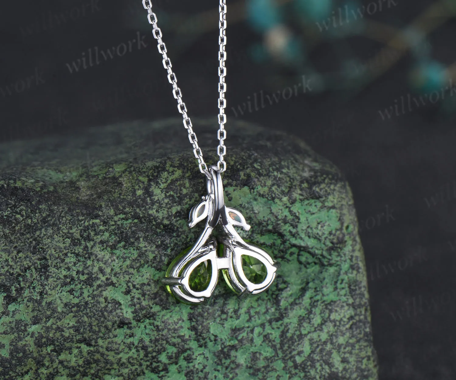 Pear Teardrop Cut Natural peridot Pendant Necklace Opal Leaf Twig Branch Couple August Birthstone Gift sold by Willwork Jewelry product image thumbnail 5
