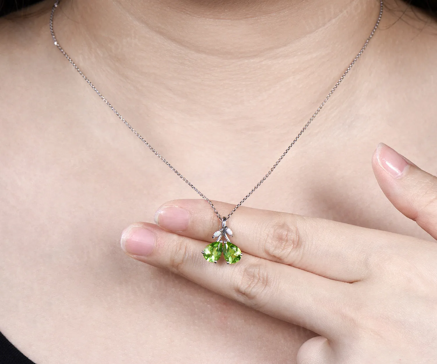 Pear Teardrop Cut Natural peridot Pendant Necklace Opal Leaf Twig Branch Couple August Birthstone Gift sold by Willwork Jewelry product image thumbnail 4