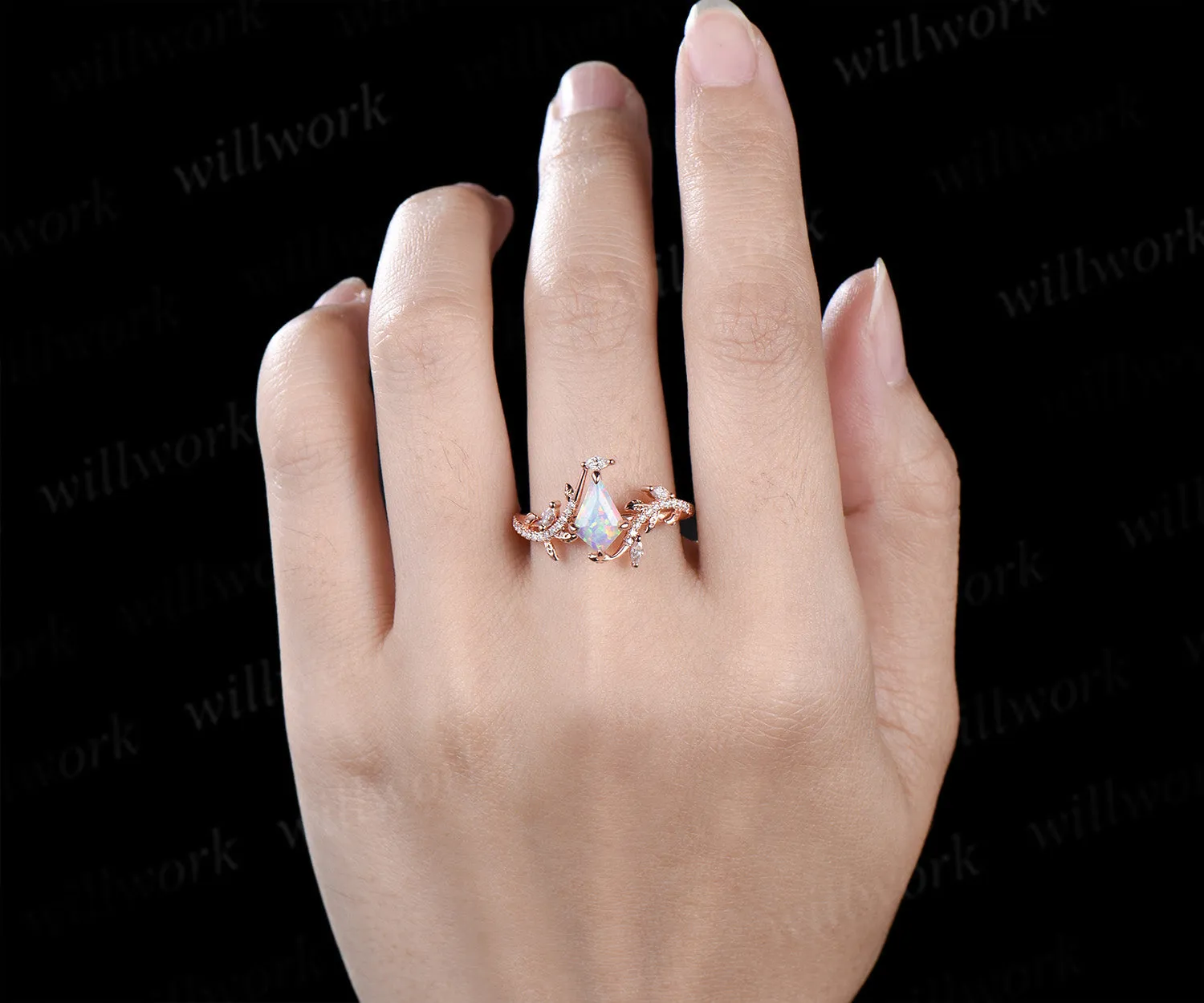 Kite cut opal ring vintage rose gold half eternity diamond branch leaf unique engagement ring for women retro anniversary gift sold by Willwork Jewelry product image thumbnail 2