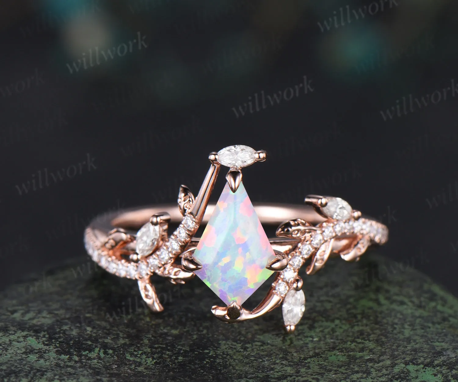 Kite cut opal ring vintage rose gold half eternity diamond branch leaf unique engagement ring for women retro anniversary gift sold by Willwork Jewelry